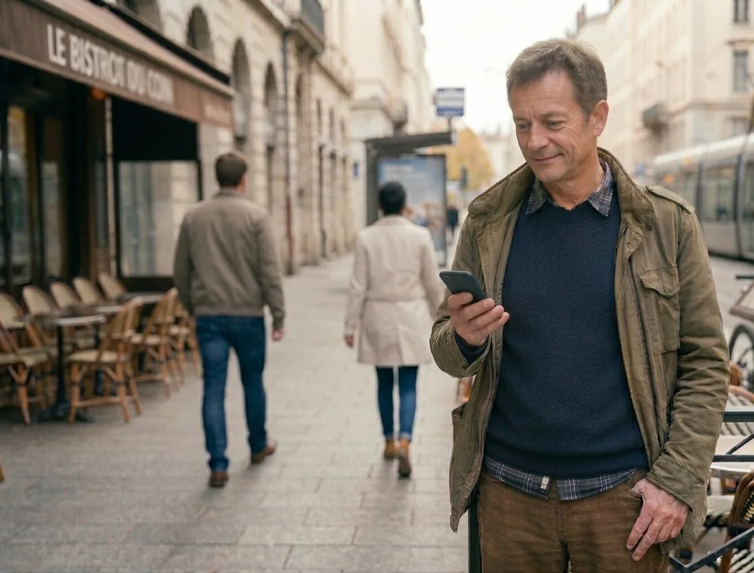 Un aidant consulte le Web Compagnon sur son téléphone, dans la rue, l'air serein