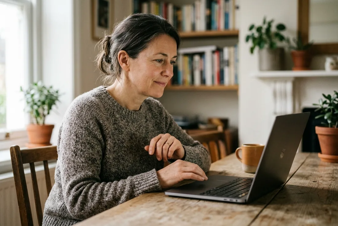 Une aidante configure WillyPhone sur son ordinateur portable, chez elle, l'air concentré et serein