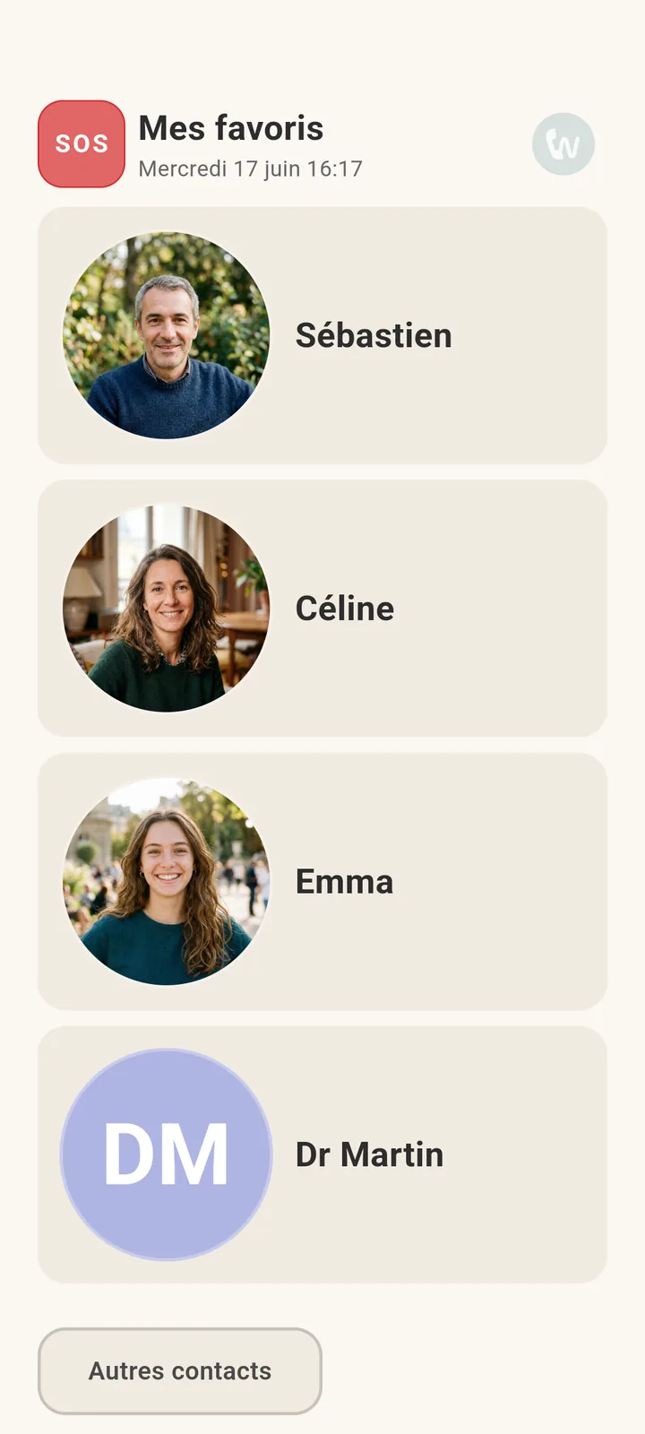 Accueil intermédiaire : quatre favoris et un bouton Autres contacts