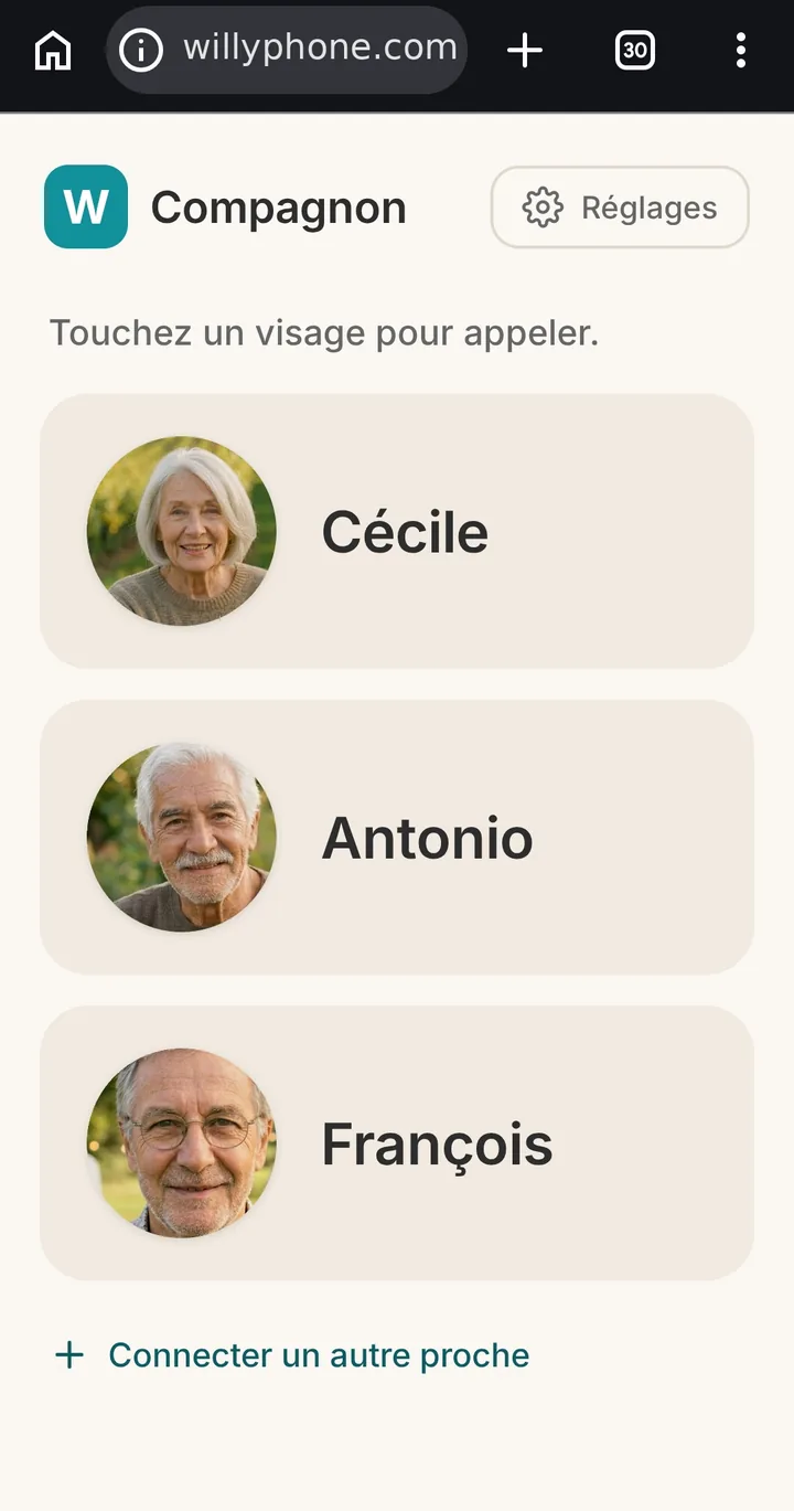 Écran d'accueil du Web Compagnon — les visages du cercle, un toucher pour appeler